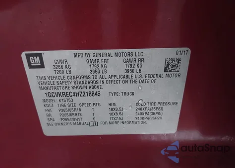 2017 Chevrolet Silverado 1500 2Lt из США, поврежденный, VIN 1GCVKREC4HZ218845